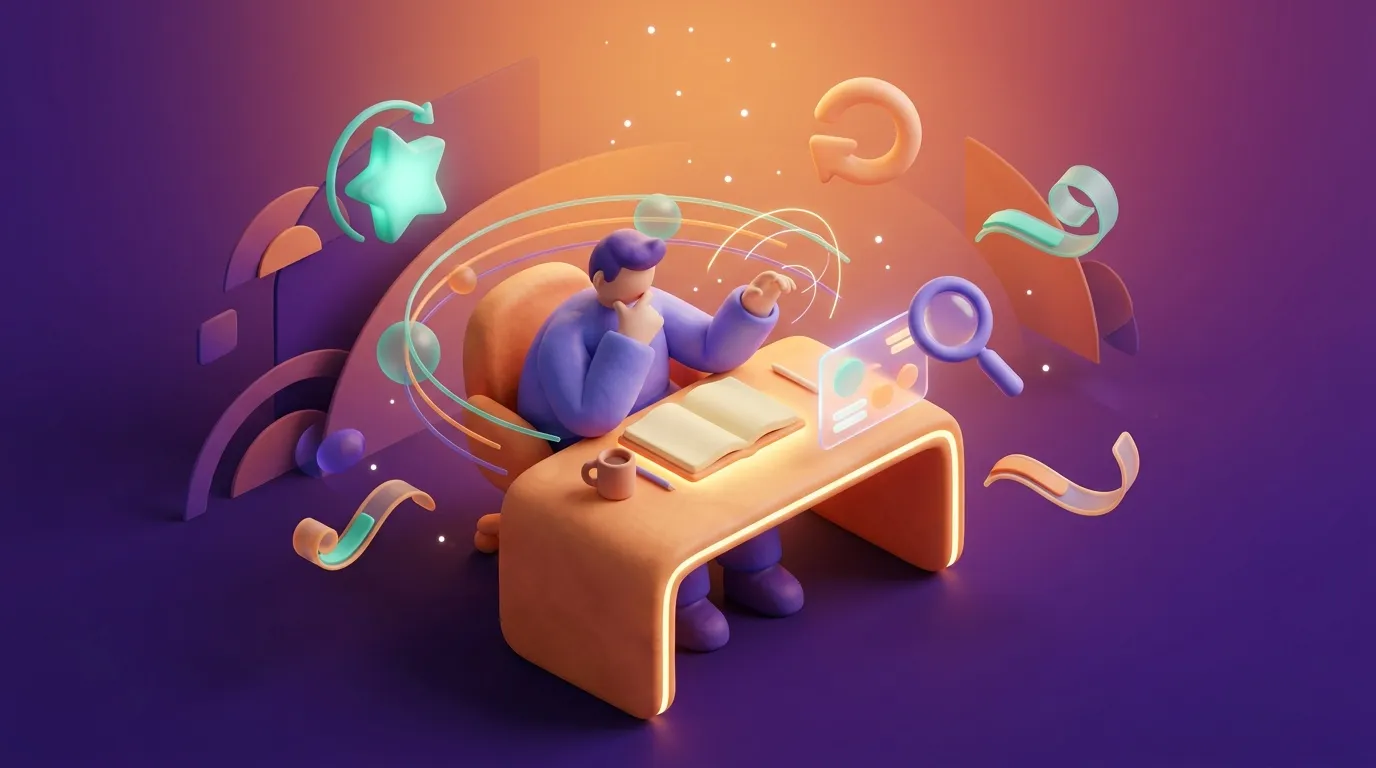 Person working at desk surrounded by digital icons and symbols