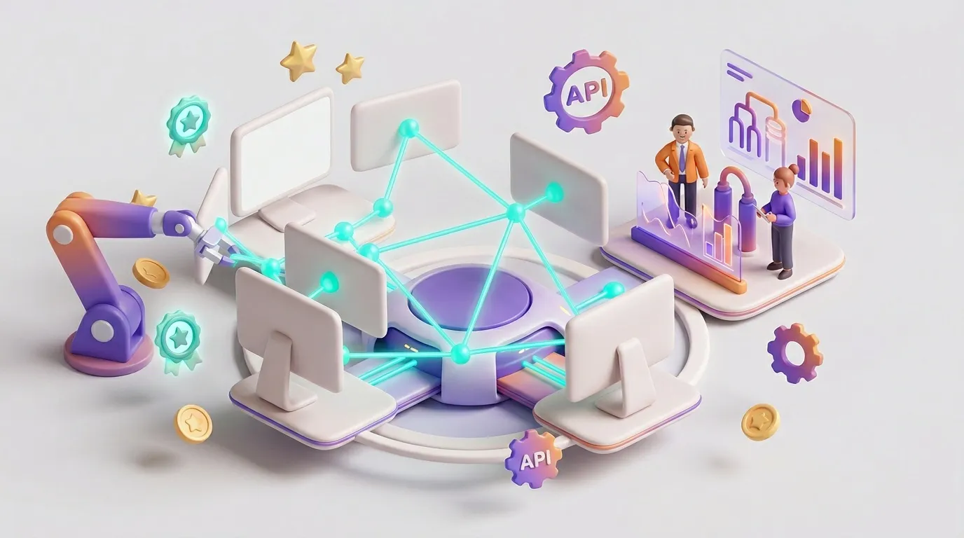 Connected computers with API gears and network visualization