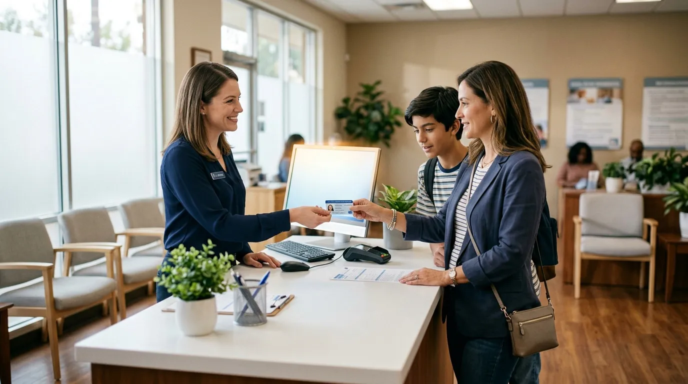 Femme remettant une carte d'assurance &agrave; la r&eacute;ception d'un cabinet m&eacute;dical