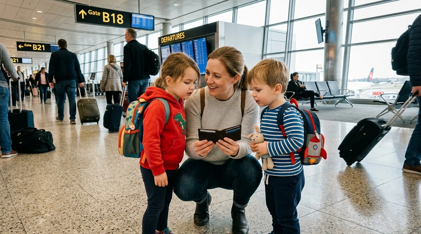 M&egrave;re et deux enfants consultant un document &agrave; l'a&eacute;roport