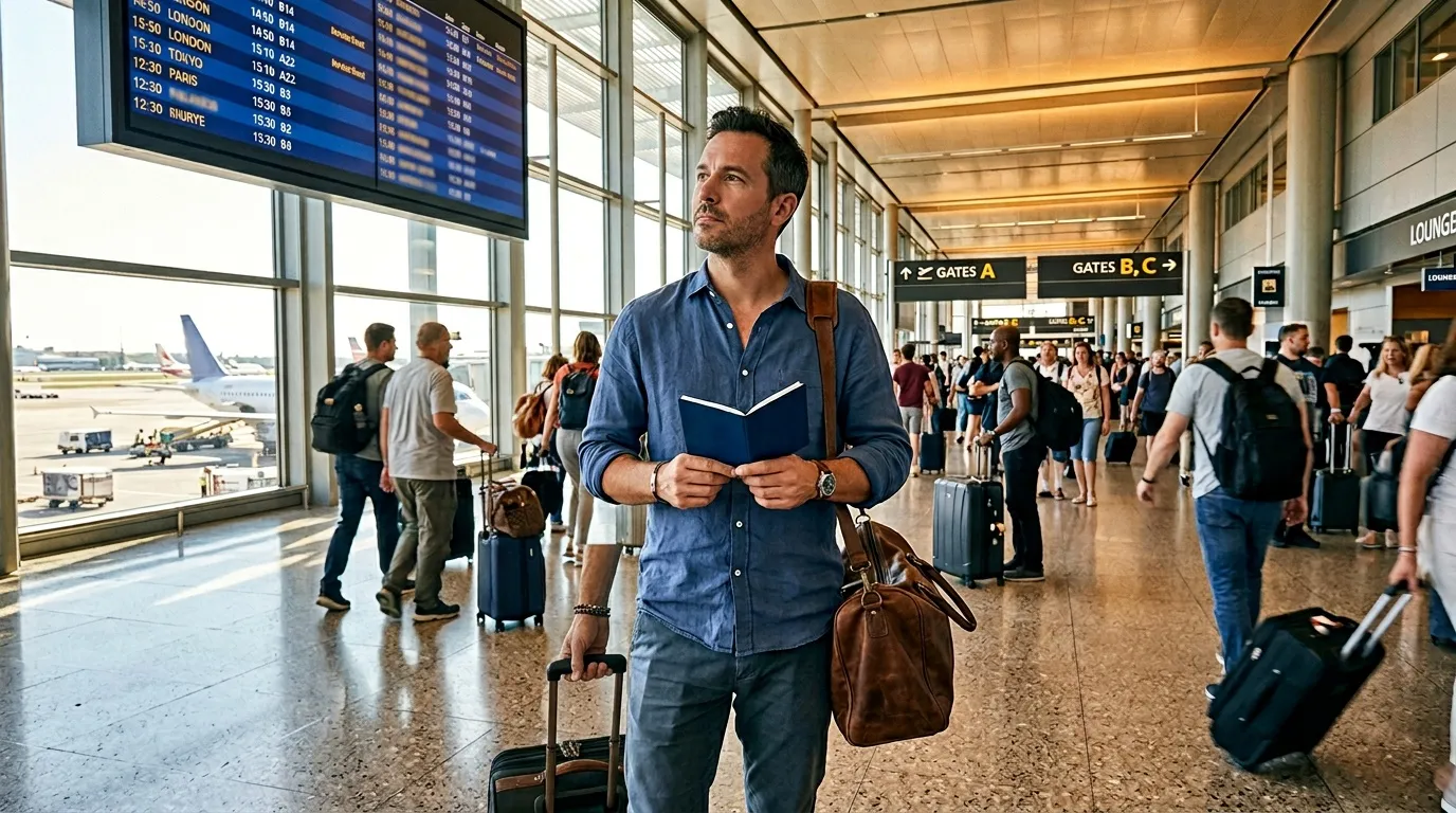 Homme en chemise bleue &agrave; l'a&eacute;roport regardant tableau des vols