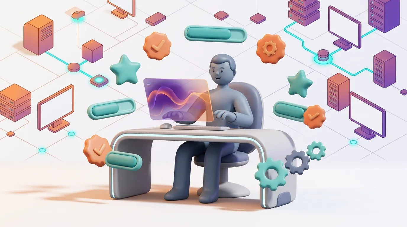 Personne travaillant sur ordinateur portable entour&eacute;e d'ic&ocirc;nes technologiques