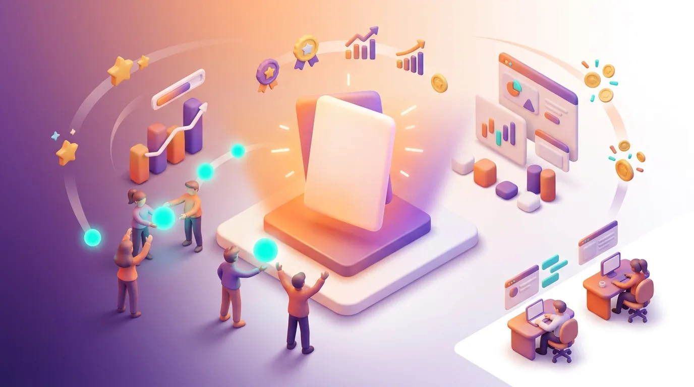 Equipo colaborativo alrededor de dispositivo digital con gráficos y análisis.