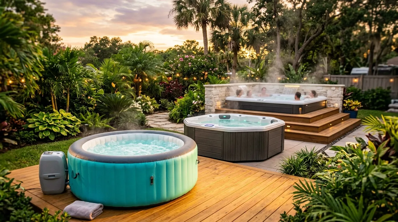 Trois spas gonflables dans un jardin luxuriant au coucher du soleil