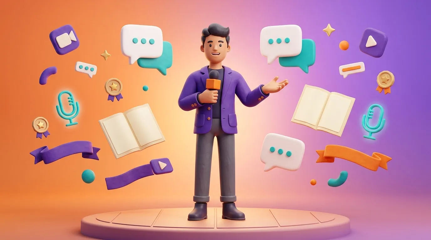 Hombre con micrófono rodeado de iconos de comunicación