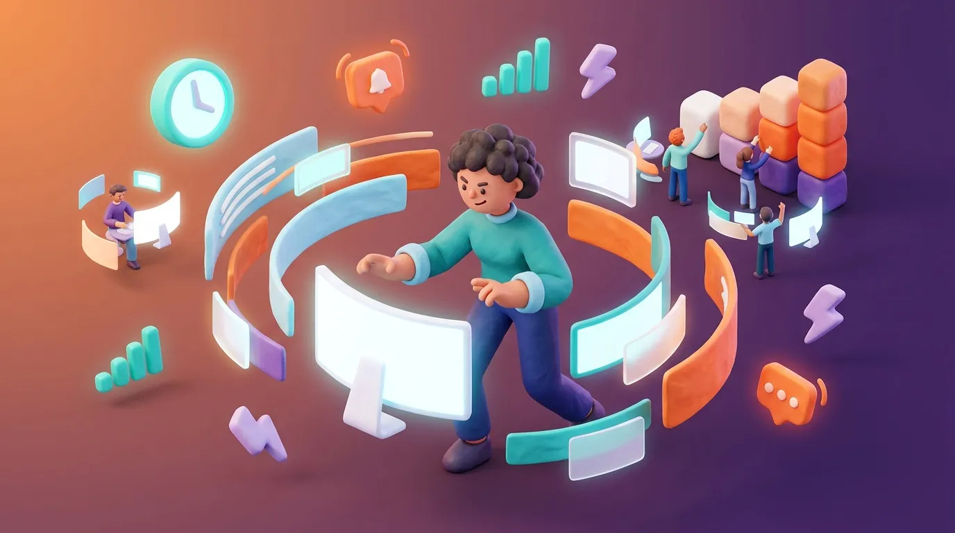 Persona interactuando con interfaz digital rodeada de iconos de productividad