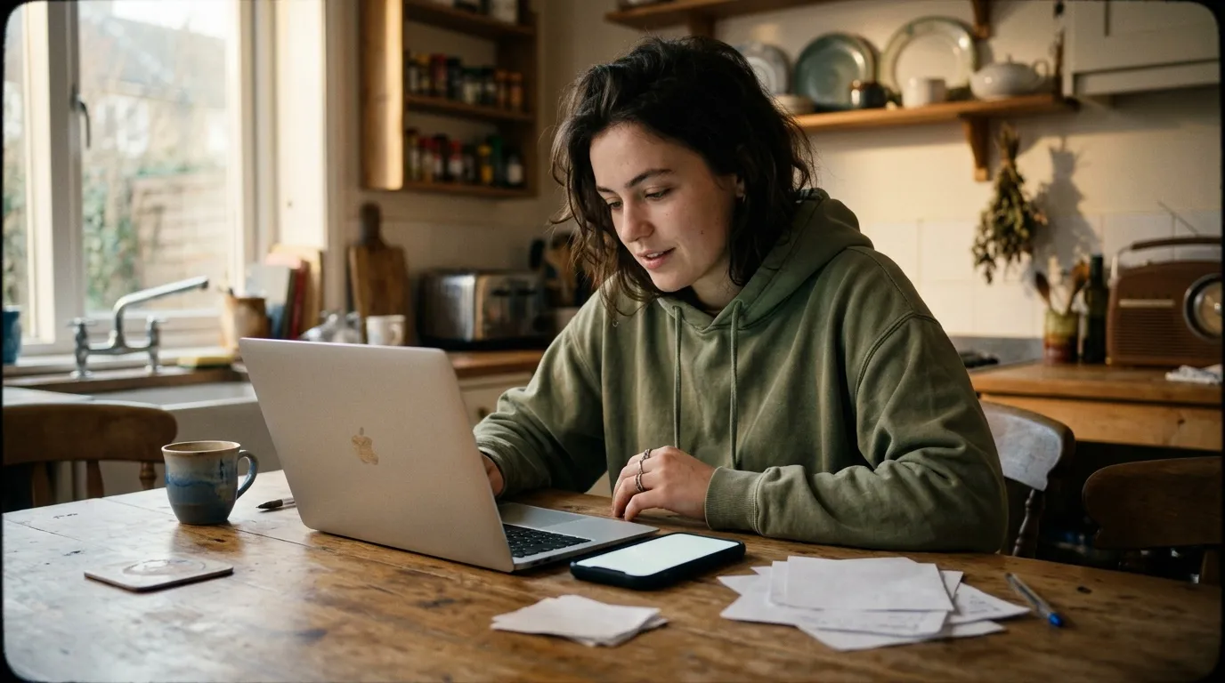 Femme travaillant sur laptop à sa table de cuisine