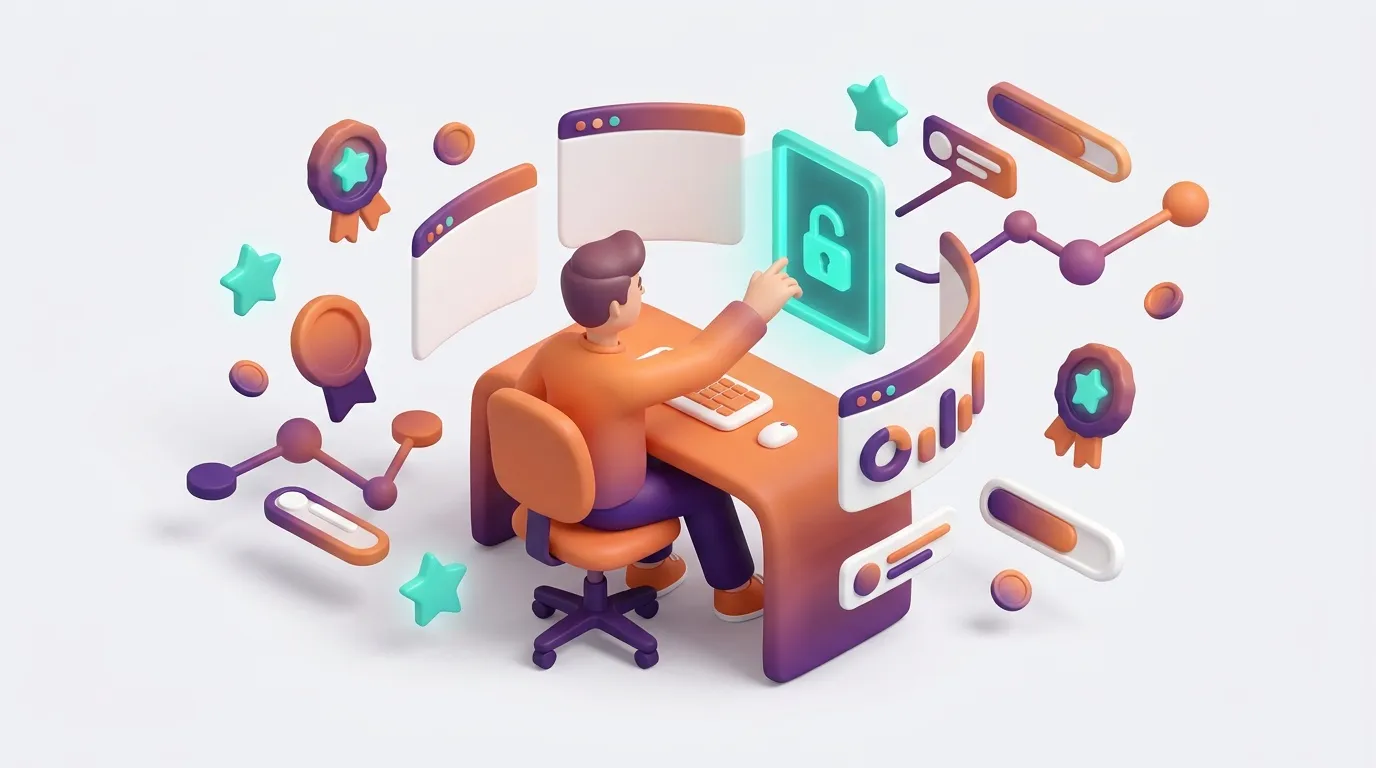 Person securing digital device with lock icon and analytics