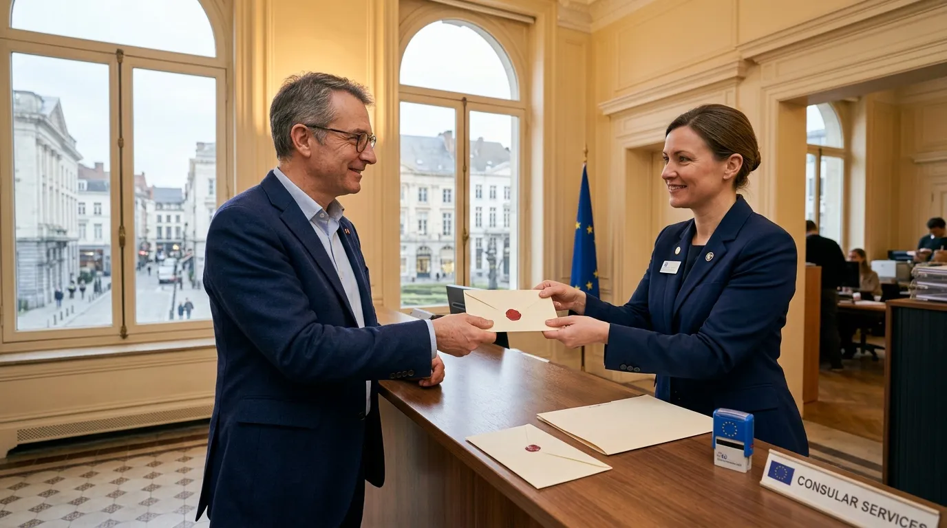 Deux diplomates &eacute;changent des documents dans un bureau officiel.