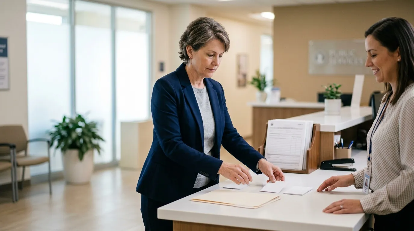 Femme en blazer remettant des documents &agrave; une cliente