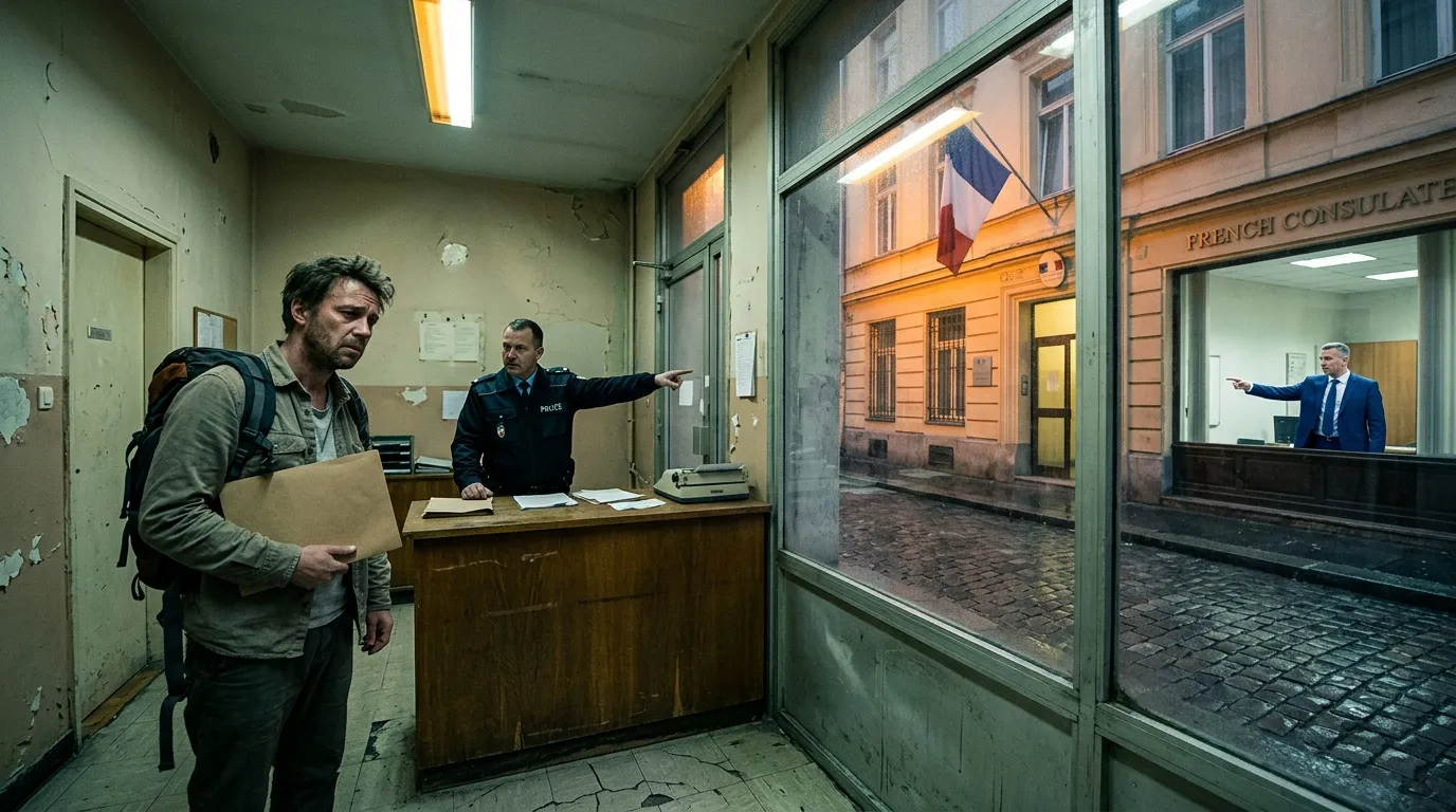 Homme avec sac &agrave; dos &agrave; un guichet de police devant consulat fran&ccedil;ais