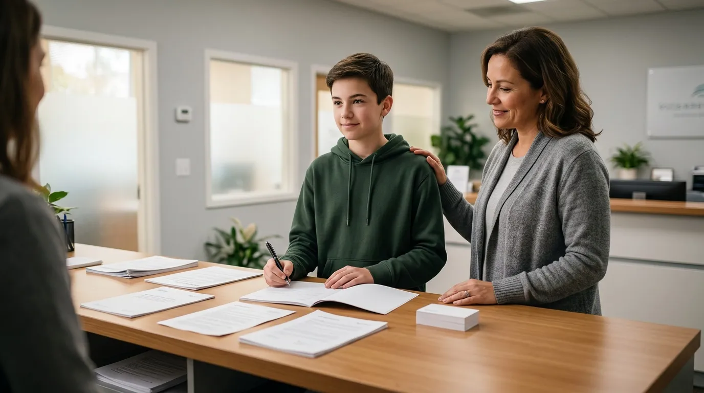 M&egrave;re et fils signent des documents avec une conseill&egrave;re