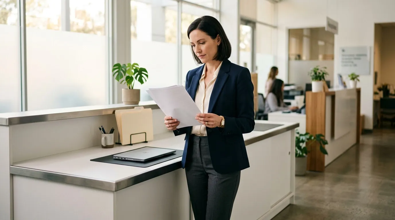 Professionnelle en blazer lisant un document au bureau moderne