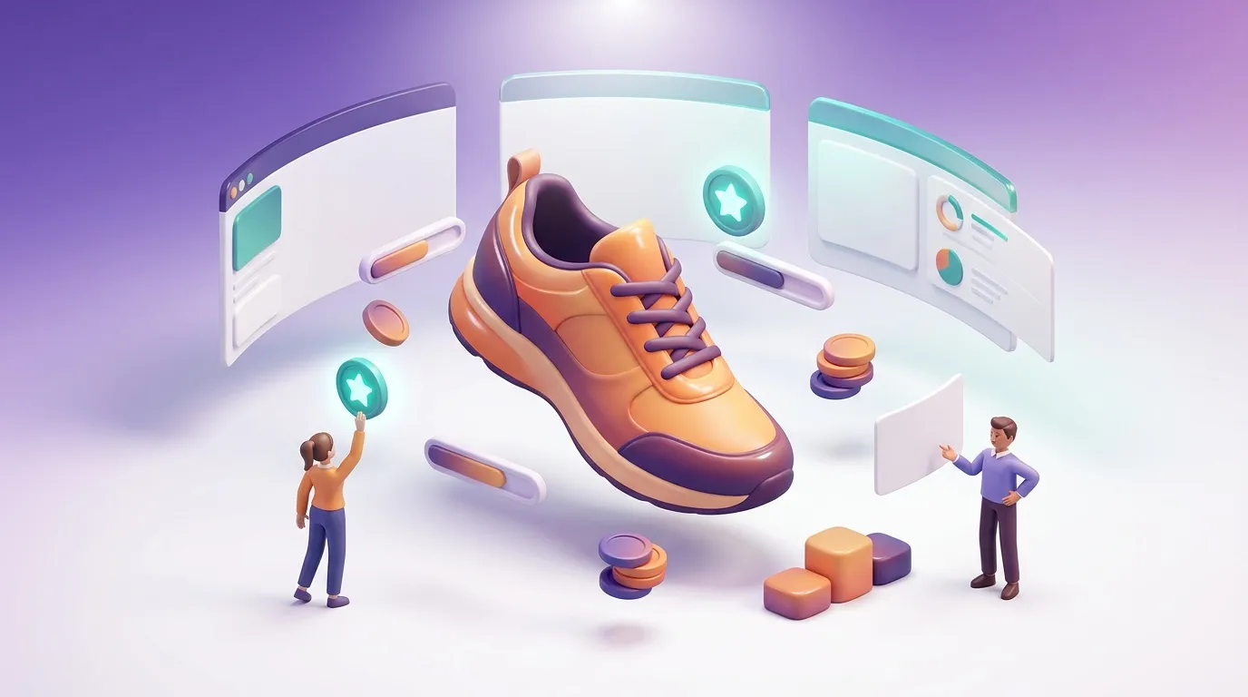 Digital interface showcasing orange sneaker with shopping elements and users