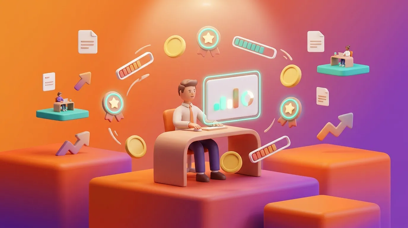 Man analyzing data with success icons and charts surrounding