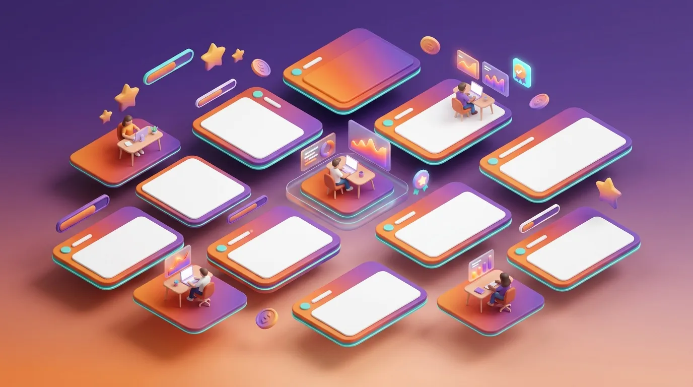 Isometric 3D illustration of colorful mobile app screens and users