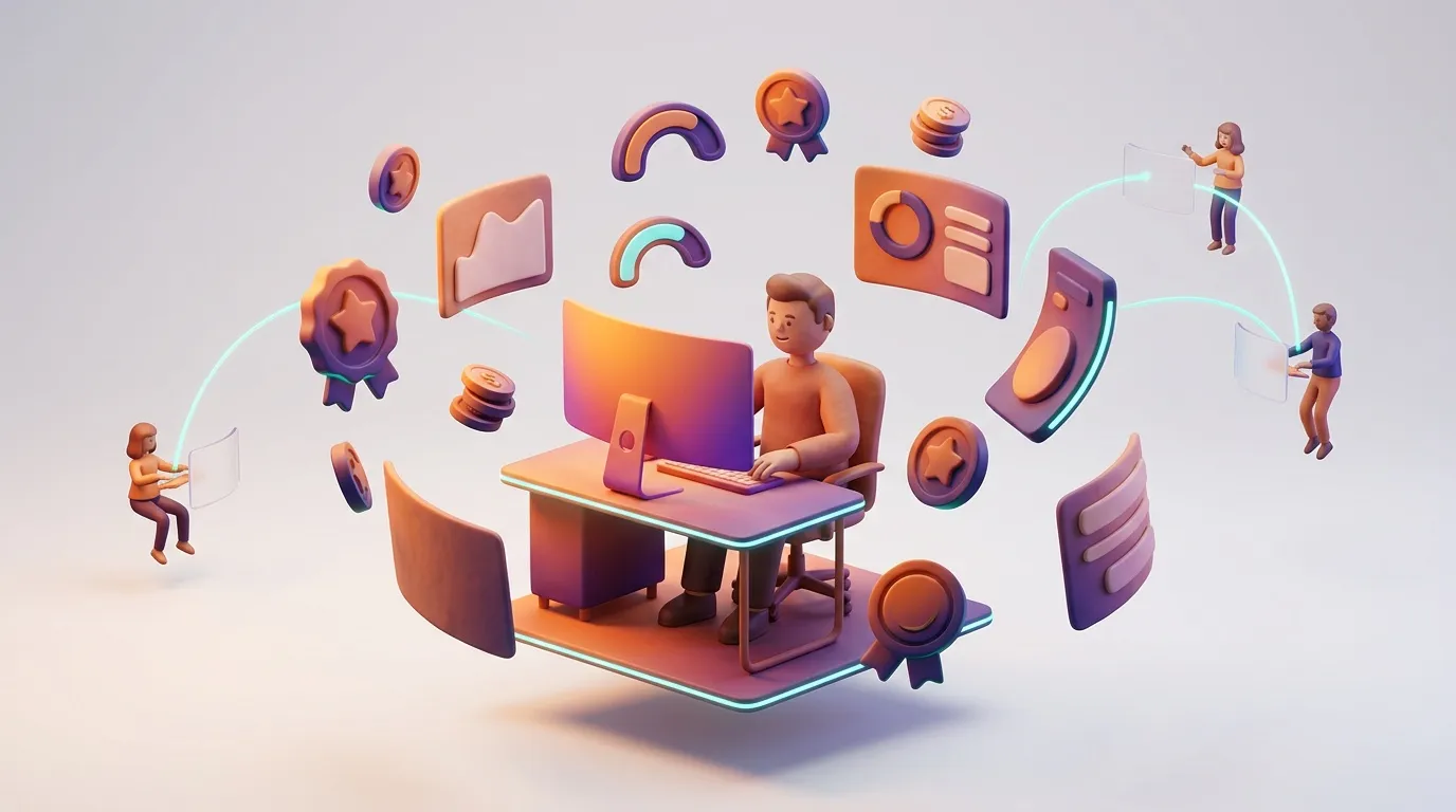3D illustration of person working at desk with floating digital icons and team members