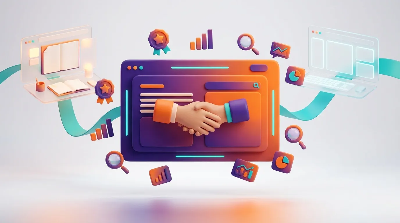 Handshake on screen with business analytics icons surrounding it