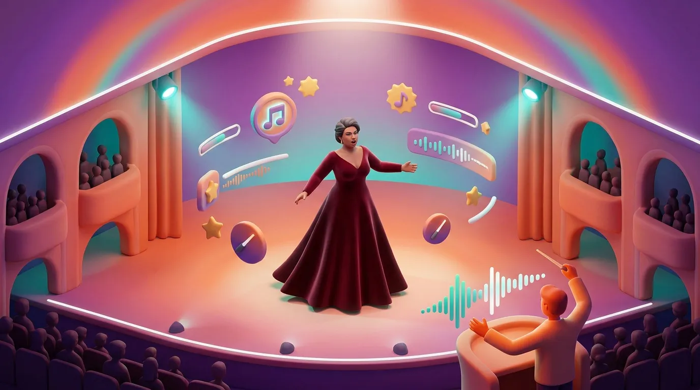 Femme en robe rouge sur sc&egrave;ne avec symboles musicaux et audience
