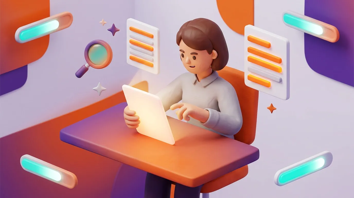 Mujer usando laptop con iconos de productividad digital