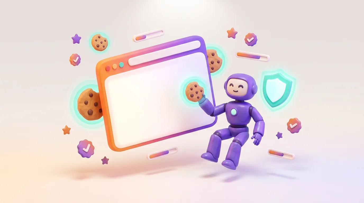 Robot violet tenant un cookie devant &eacute;cran blanc