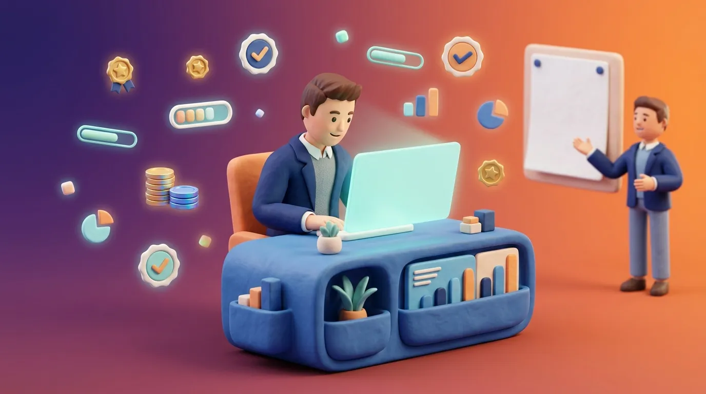 Hombre trabajando en laptop con iconos de productividad empresarial