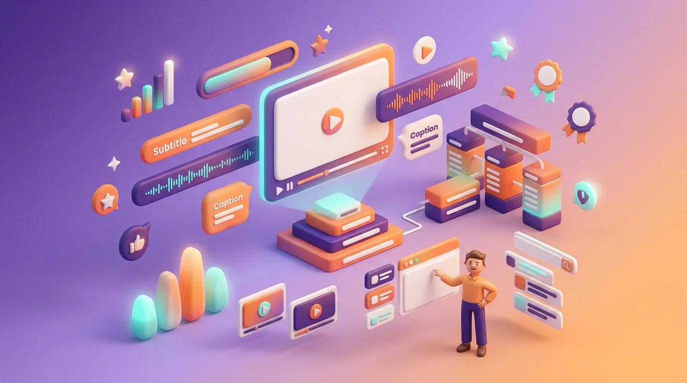 Interfaz 3D de software de edici&oacute;n de video con subt&iacute;tulos y efectos