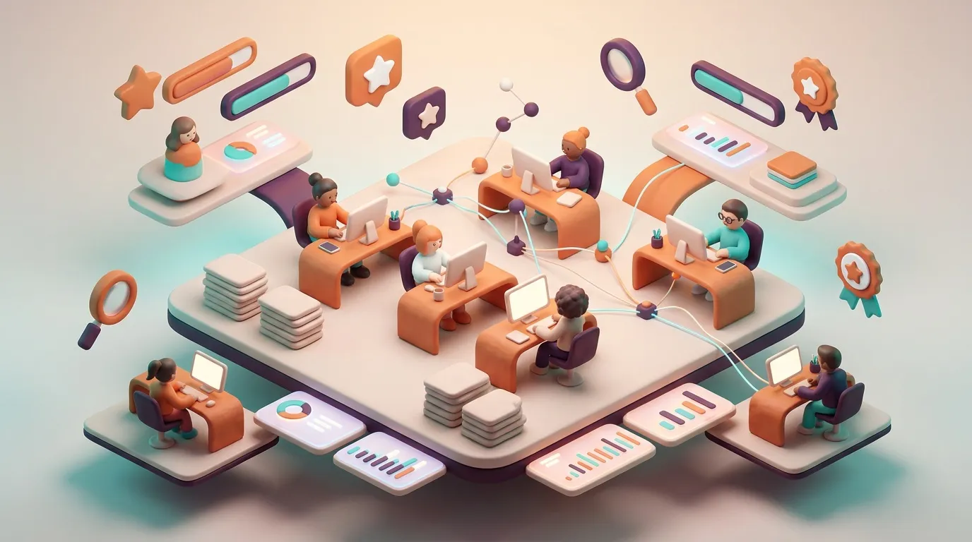 Team members collaborating in connected digital workspace with analytics tools