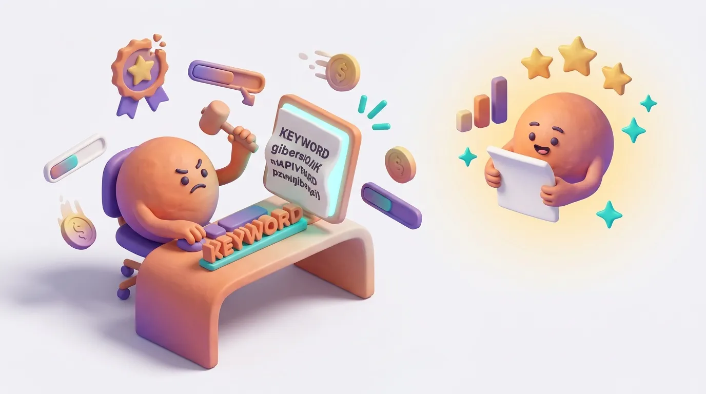 Personnage travaillant sur keywords pour améliorer le référencement