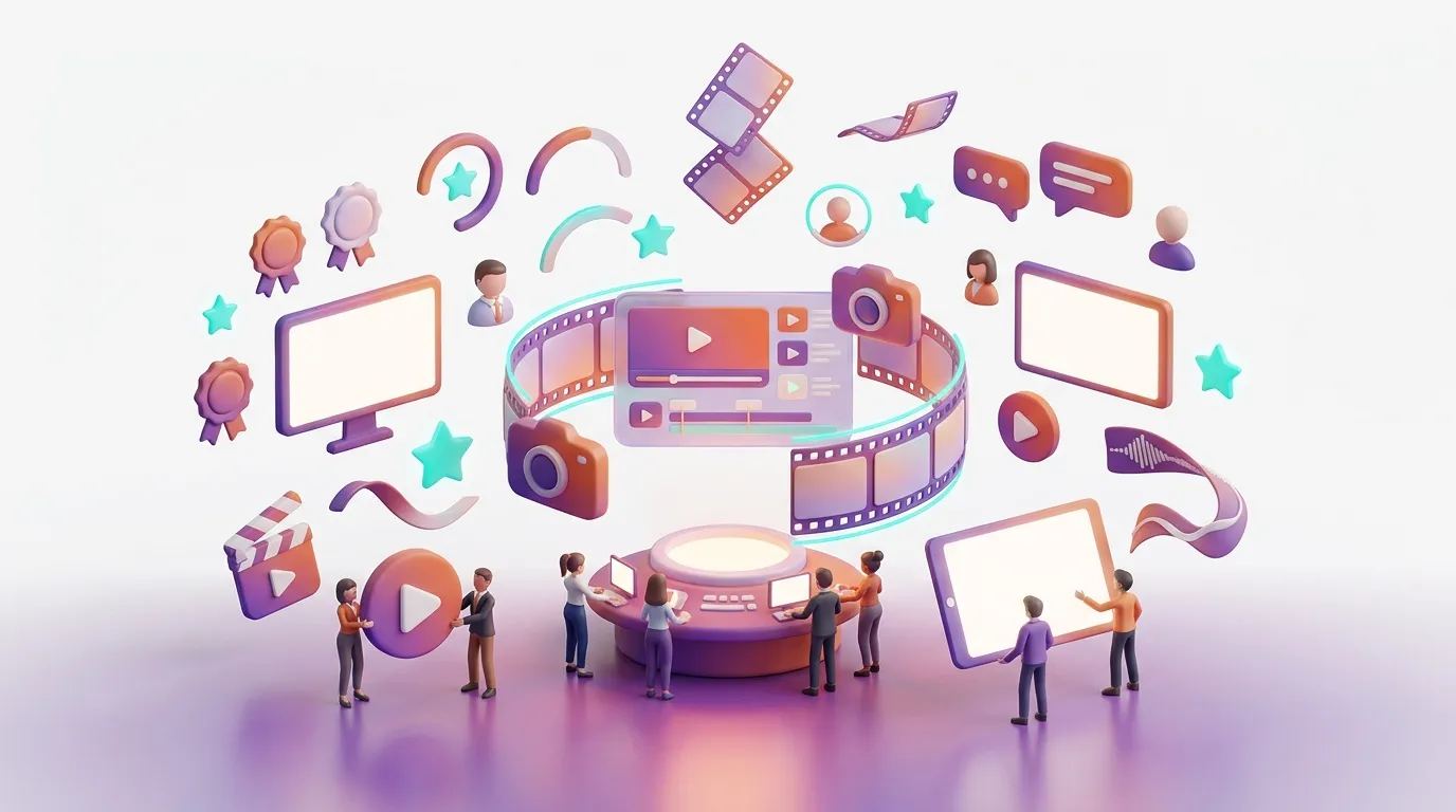 3D illustration of video production team with multimedia elements and editing tools
