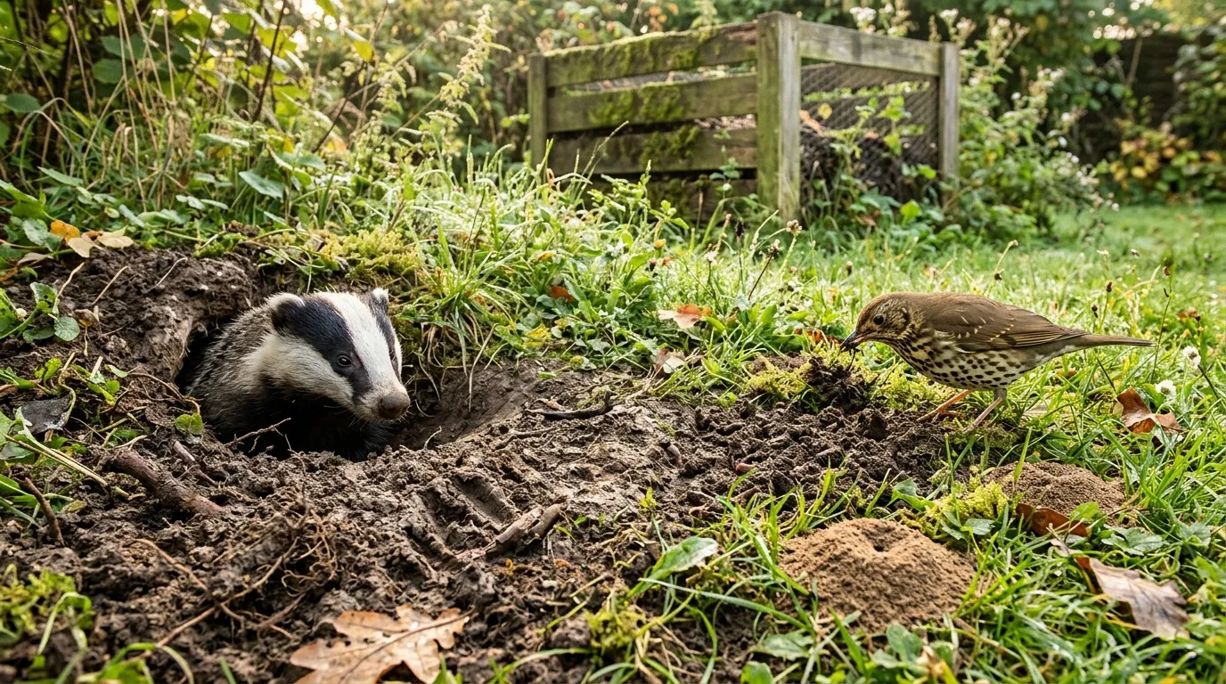 Blaireau observé sur la terre d'un jardin