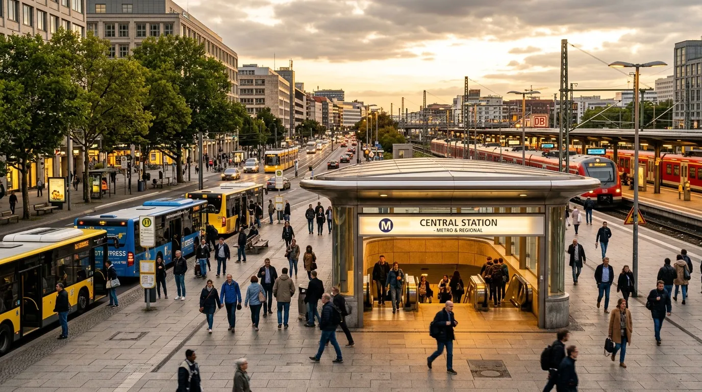 Entrée d'une grande gare romaine avec des voyageurs et des transports urbains