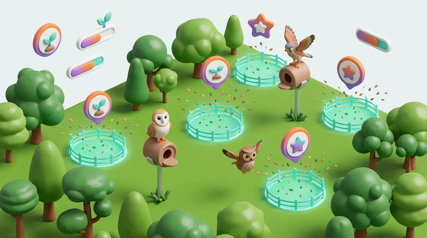 Paisaje 3D con aves, &aacute;rboles verdes y cercas de luz
