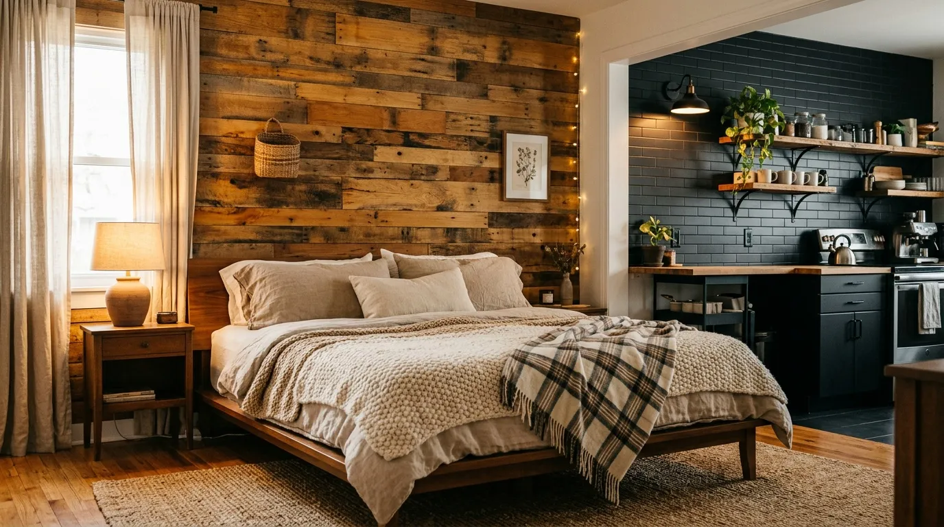 Chambre moderne aux teintes chaleureuses, mur en bois, mobilier bois naturel