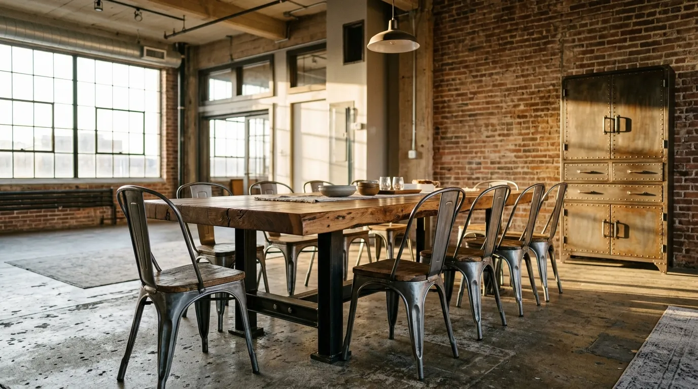Table en bois avec chaises m&eacute;talliques dans un loft industriel
