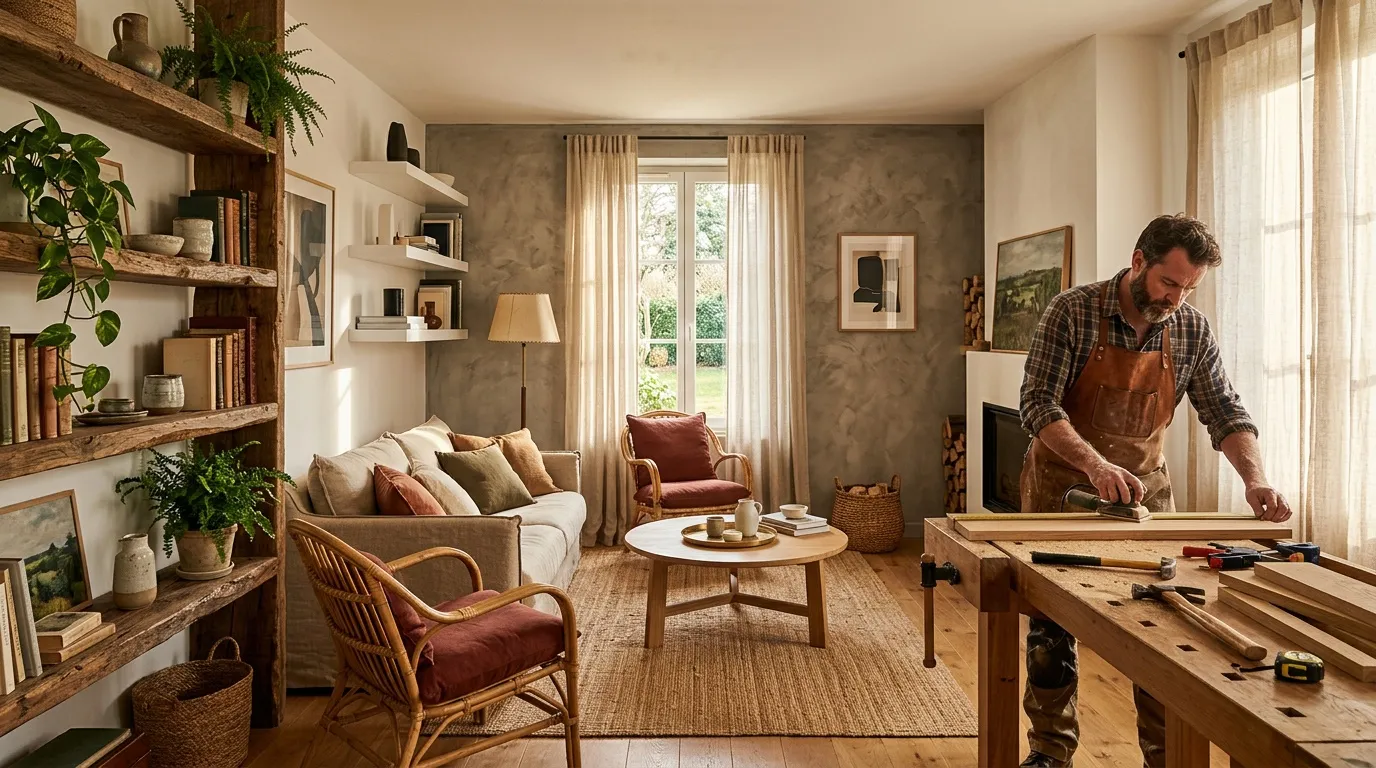Homme travaillant le bois dans un atelier int&eacute;gr&eacute; au salon