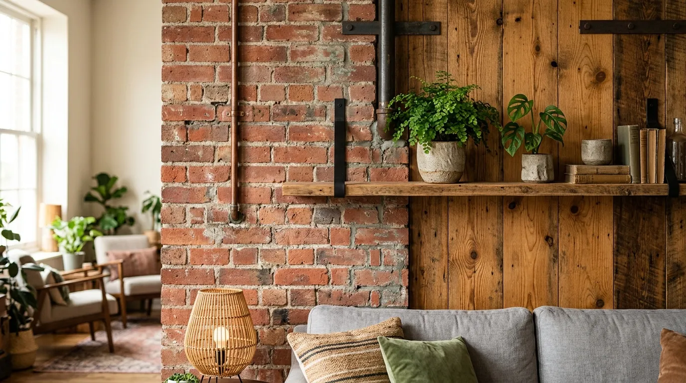 Salon moderne avec mur brique, &eacute;tag&egrave;res bois et plantes vertes