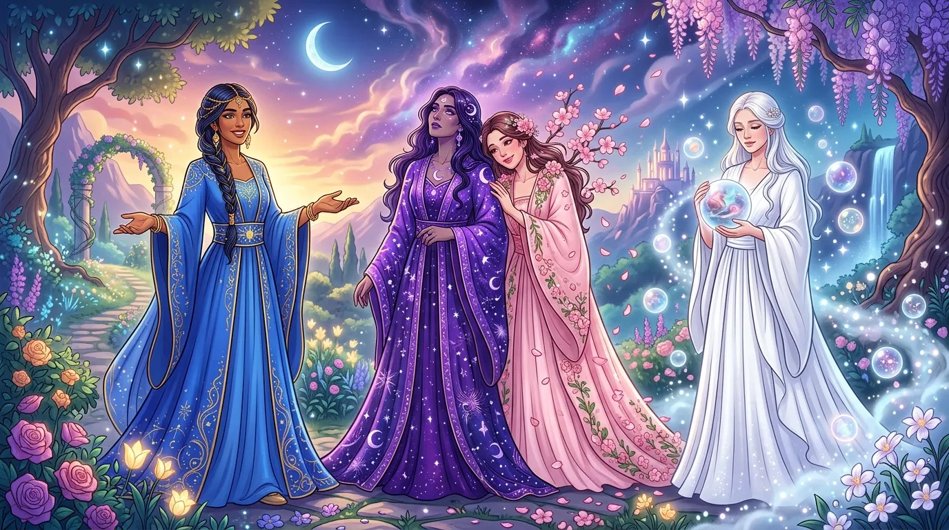 Quatre femmes &eacute;l&eacute;gantes en robes magiques dans un jardin enchant&eacute;