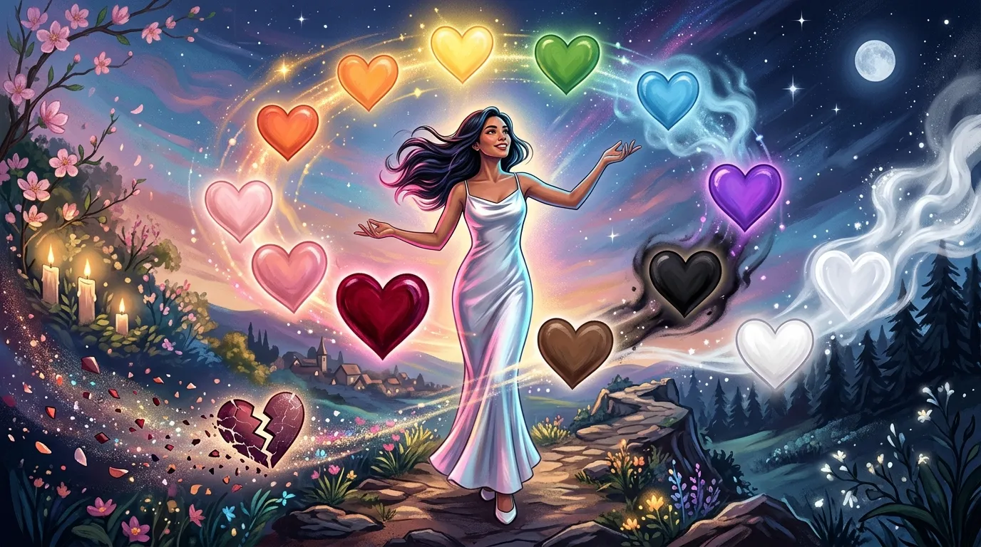 Femme entour&eacute;e de c&oelig;urs color&eacute;s dans un paysage magique nocturne