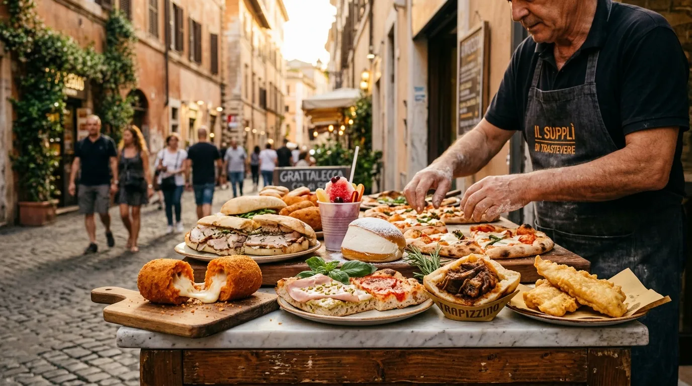 Vendeur proposant spécialités italiennes traditionnelles dans une rue pavée