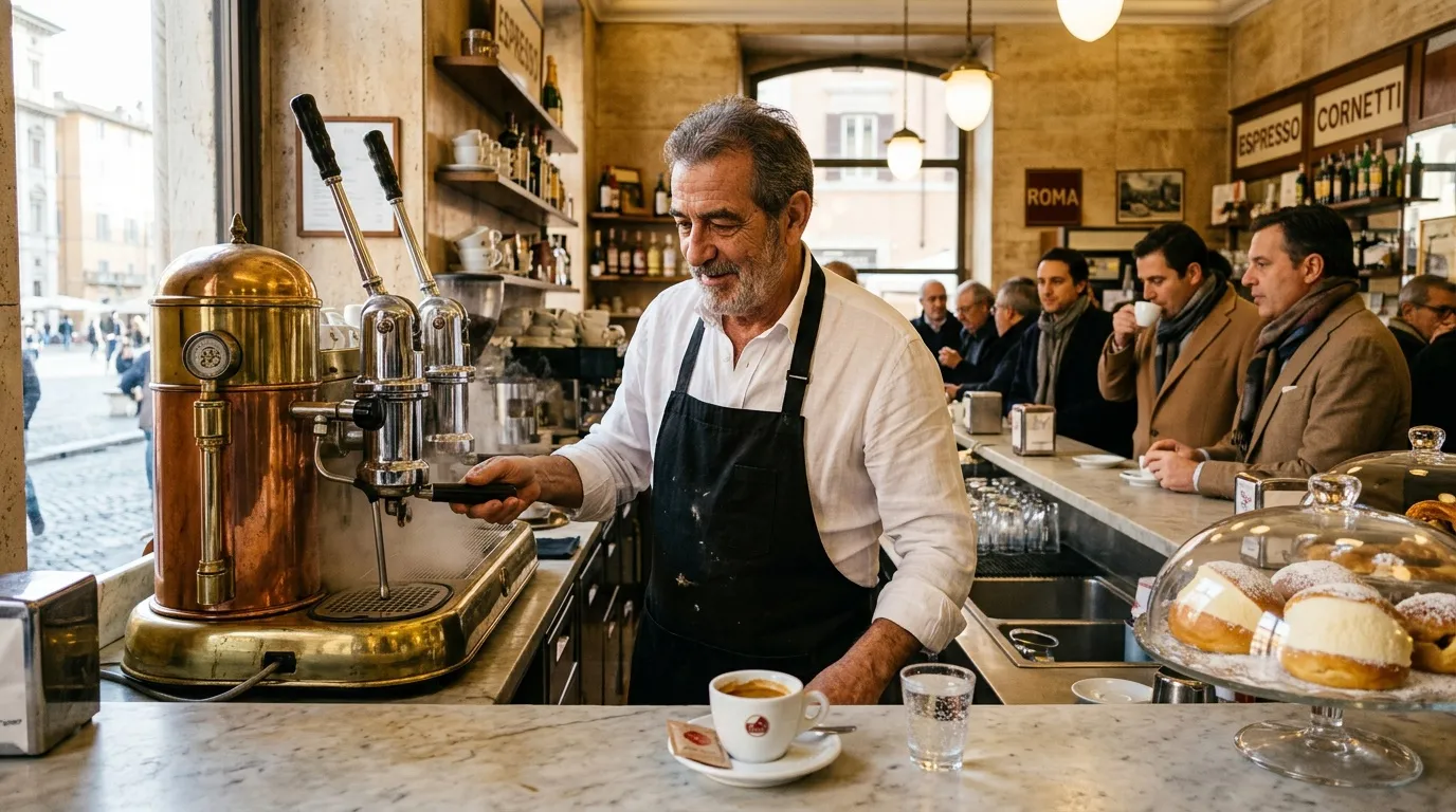 Barista italien prépare un espresso dans un café romain authentique