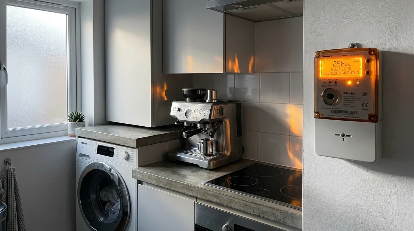 Cuisine avec machine à laver, cafetière et compteur électrique affichant alerte