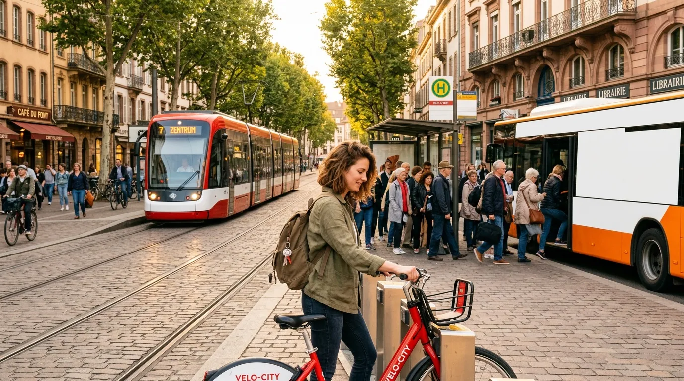 Femme à vélo devant un tram et un bus en ville