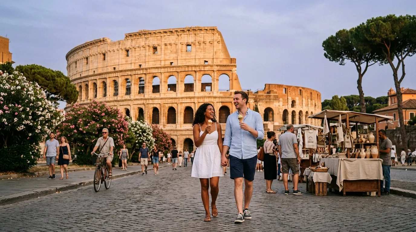 Couple marchant devant le Colisée de Rome