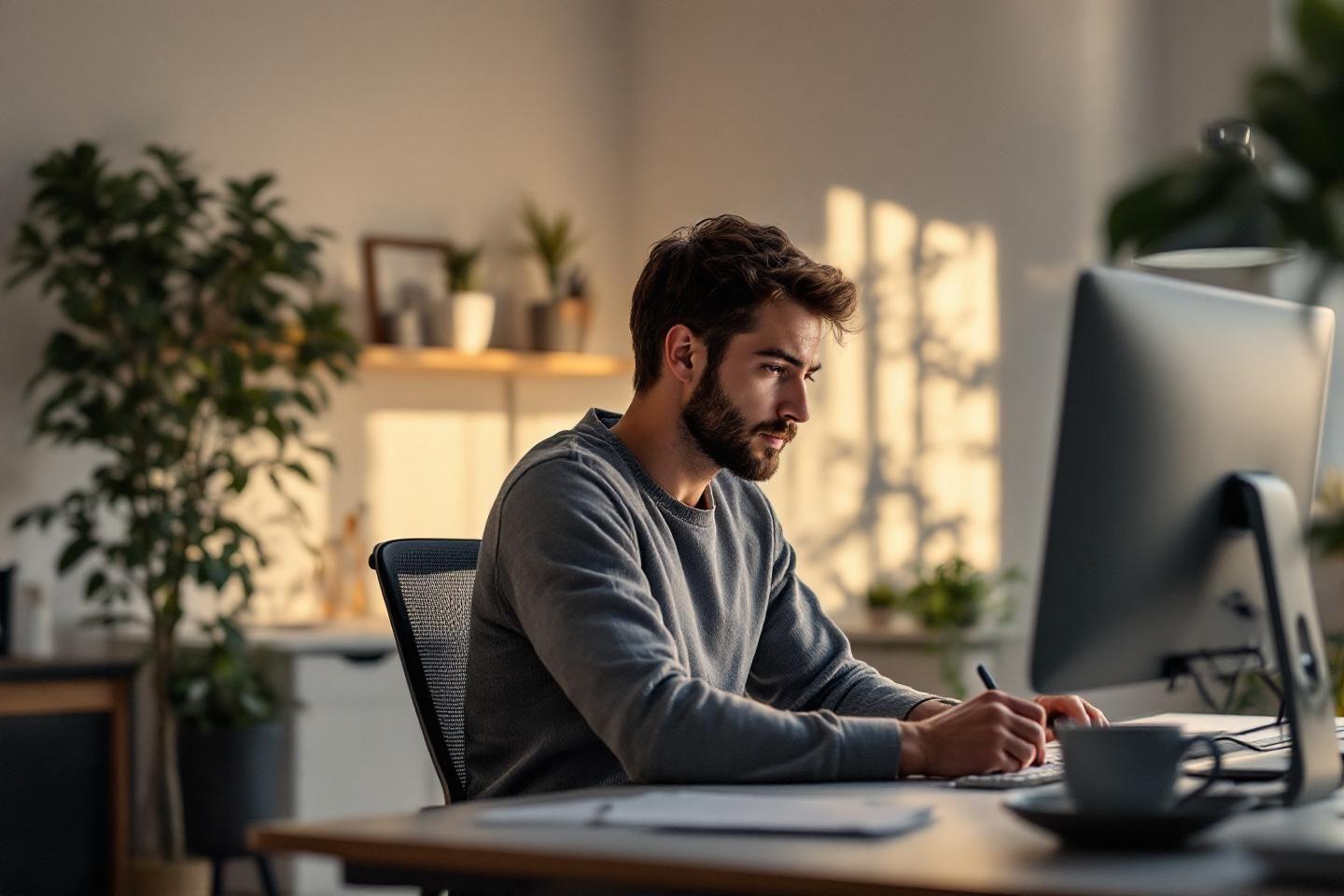 Un homme concentré travaille sur un ordinateur près d'une fenêtre