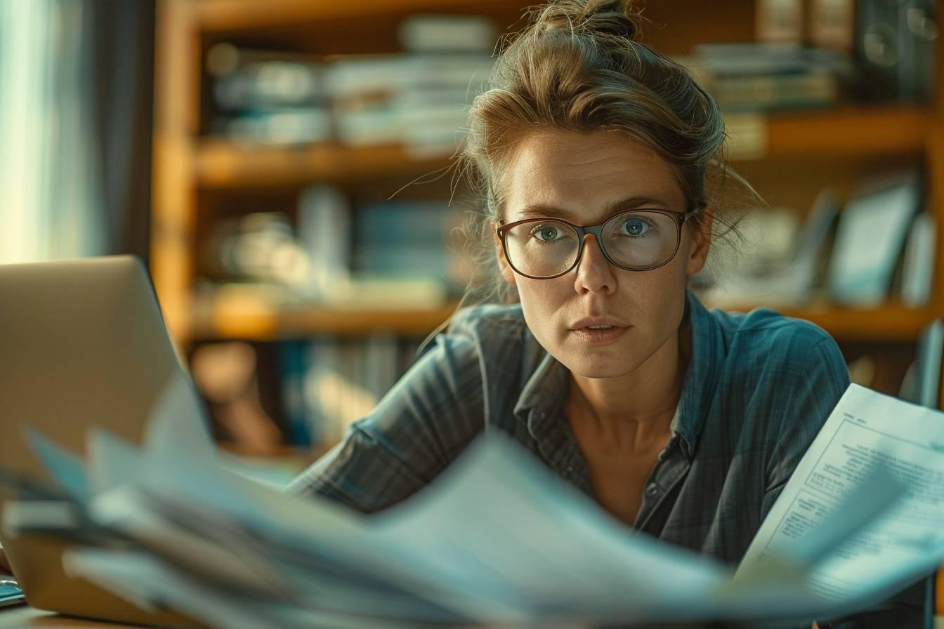 Femme concentrée dans une bibliothèque, lisant des documents