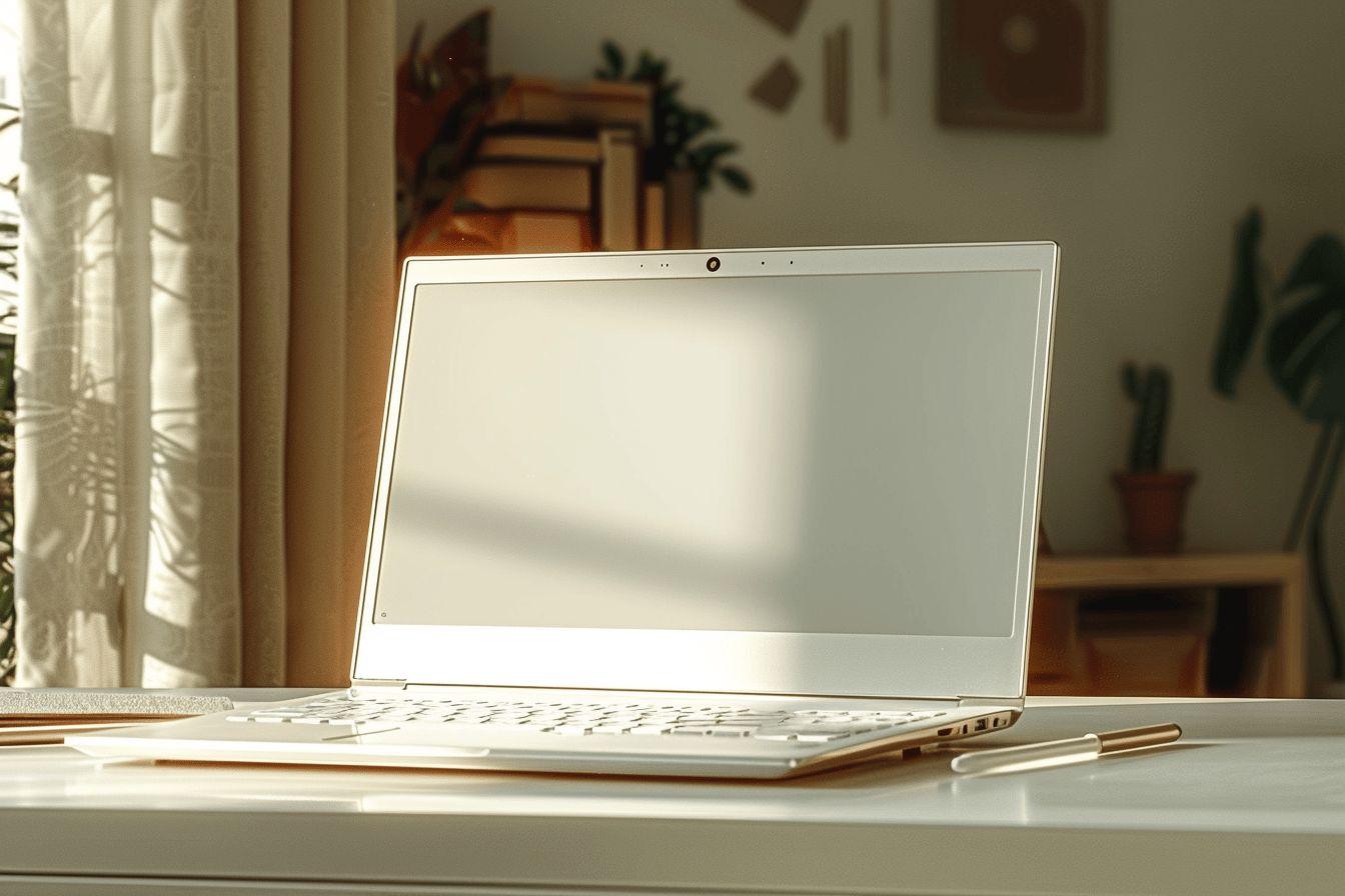 Un ordinateur portable blanc posé sur un bureau dans un environnement de travail confortable.