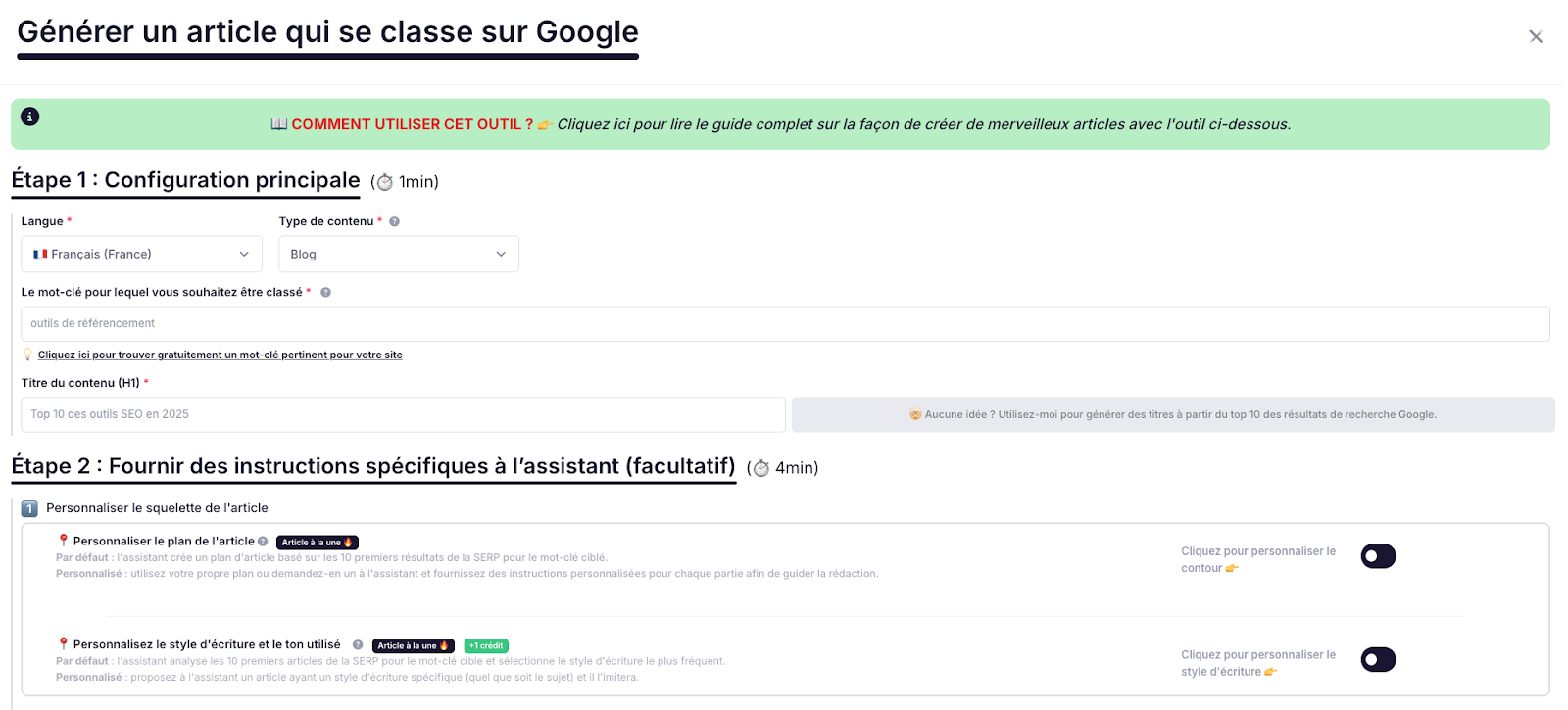 Options de création d'un article SEOpital