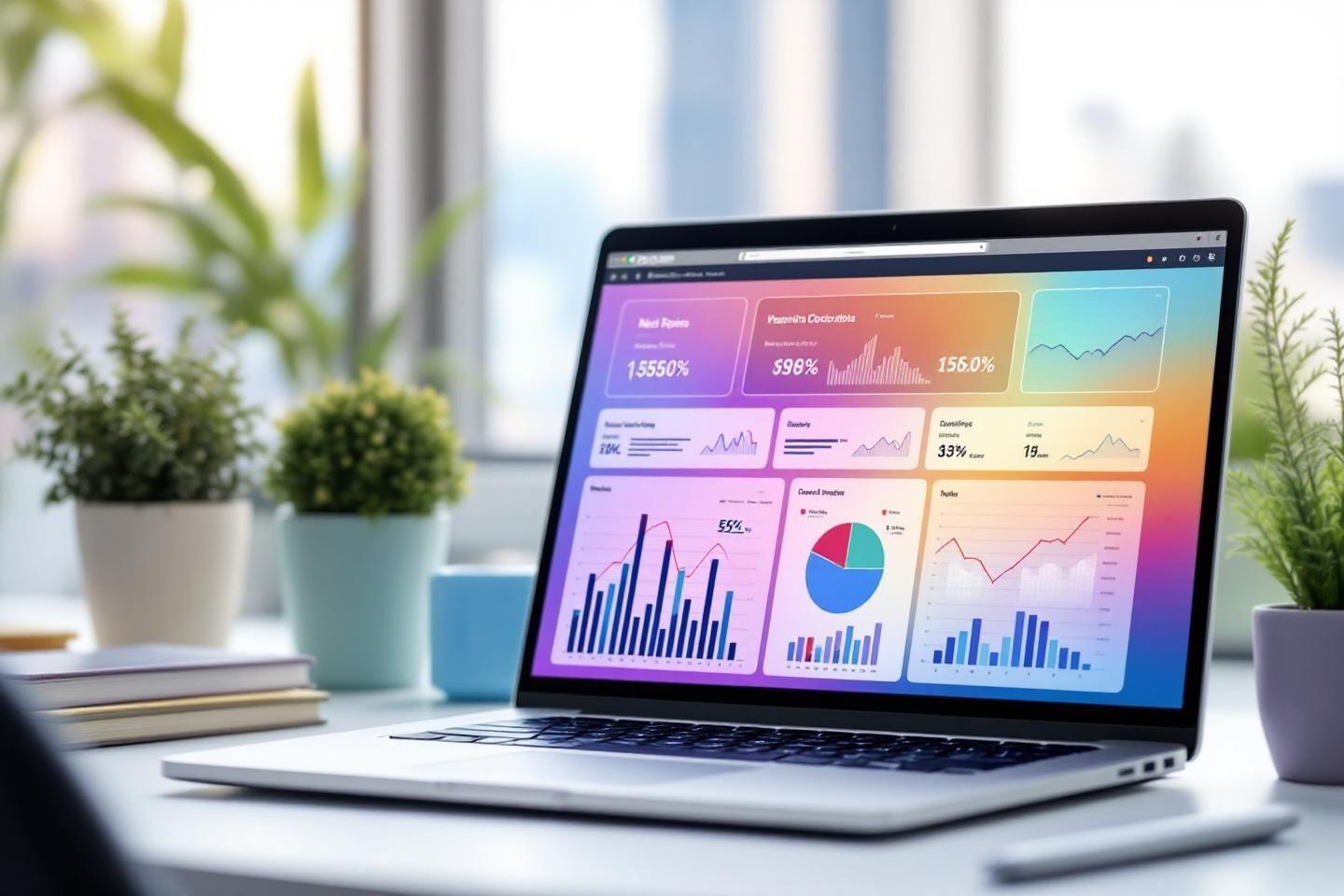 Ordinateur portable avec graphiques et statistiques colorés sur écran