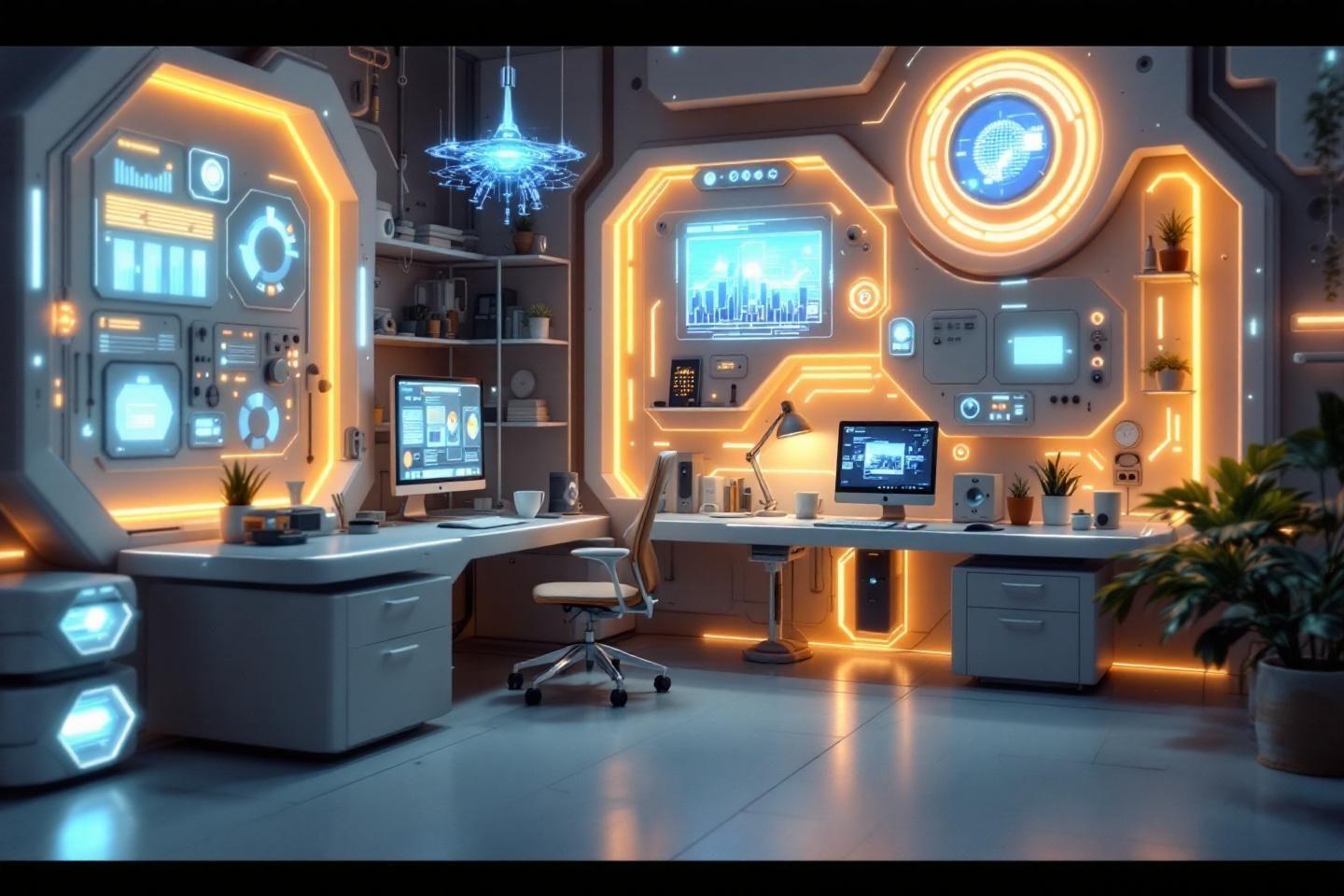 Espace de travail high-tech avec écrans lumineux et technologie avancée